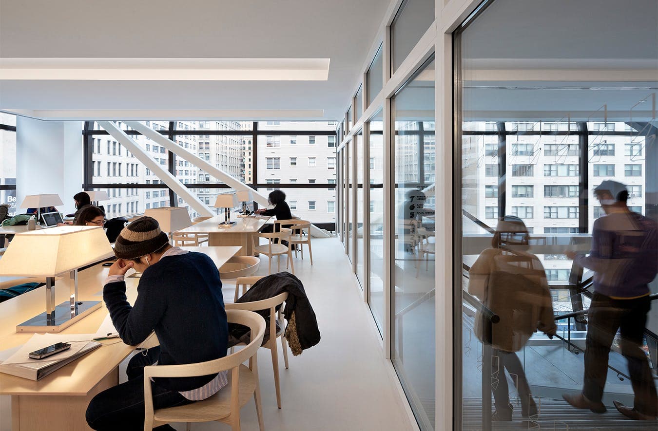 The focal point of our downtown campus, The New School's University Center features bright and open study spaces, a library/research center, a new auditorium, state-of-the-art classrooms, a cafeteria, and more.